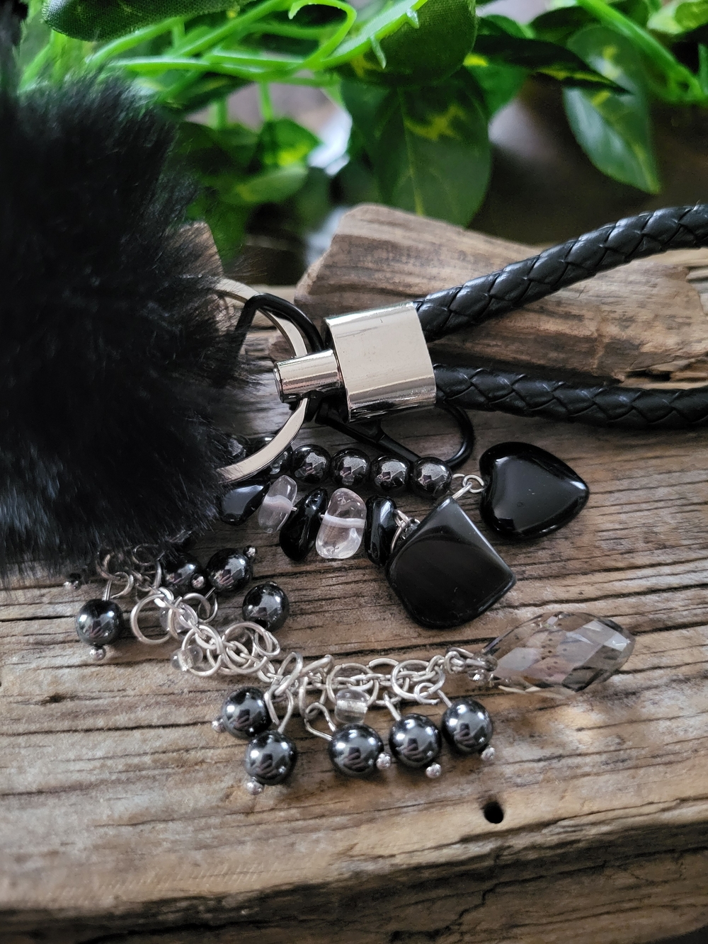 Black Beaded Bag Charm With Crystals And Pompom